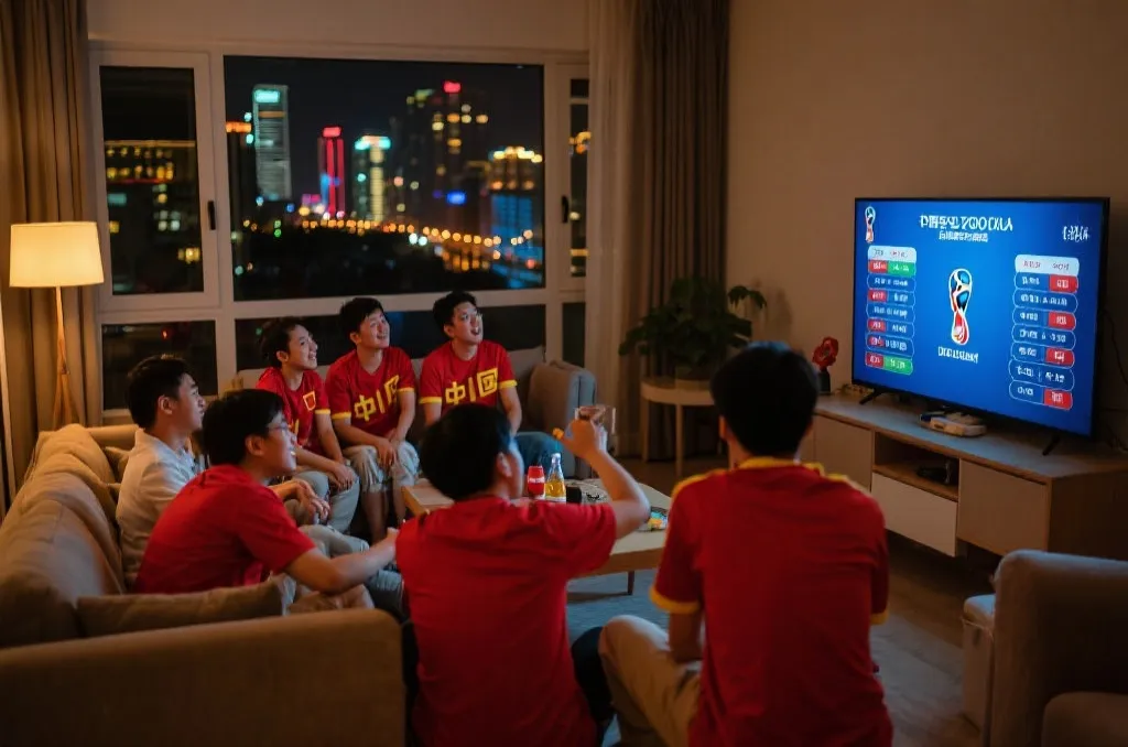 中国球迷夜里围坐看世界杯赛程图